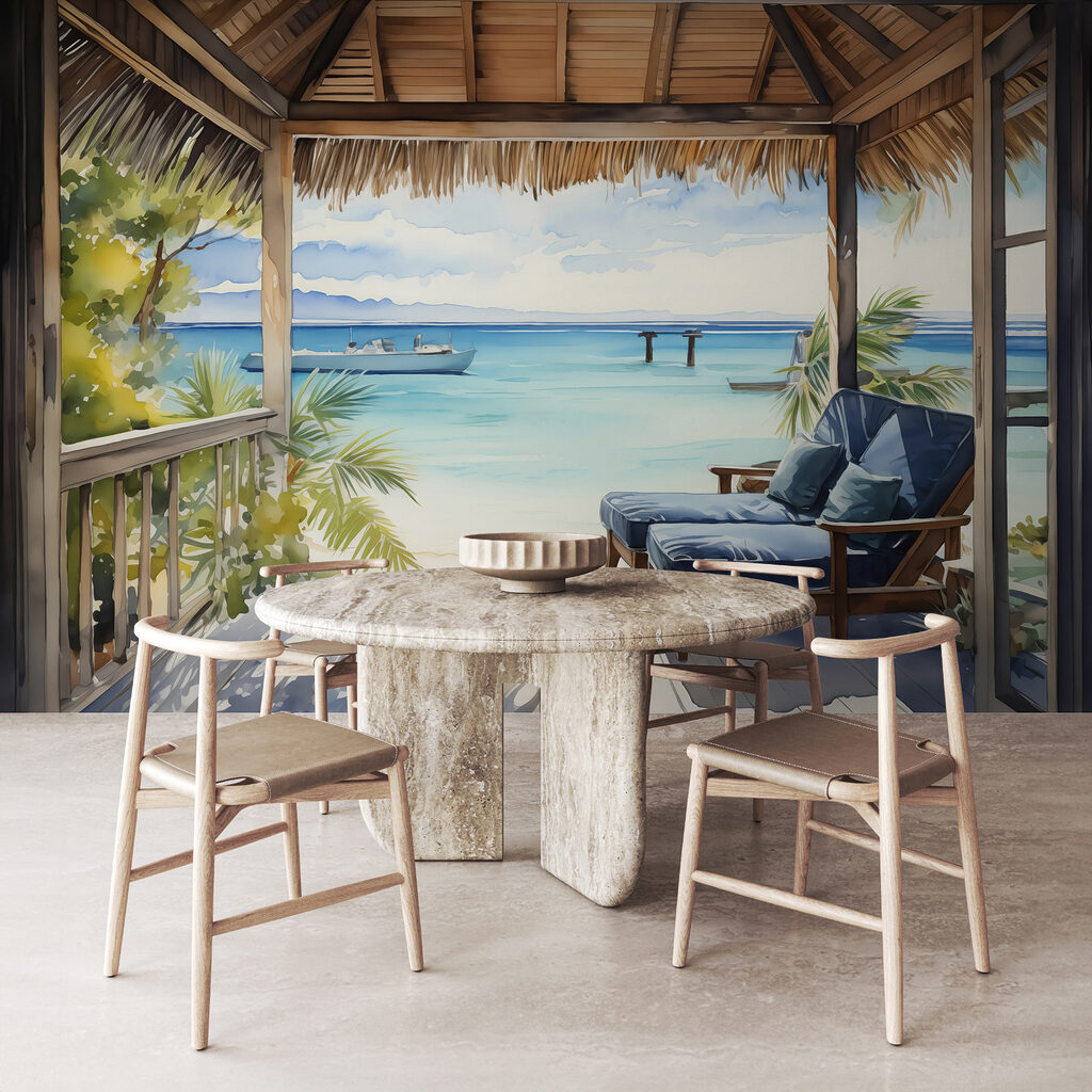 Veranda by turquoise water — interior 1