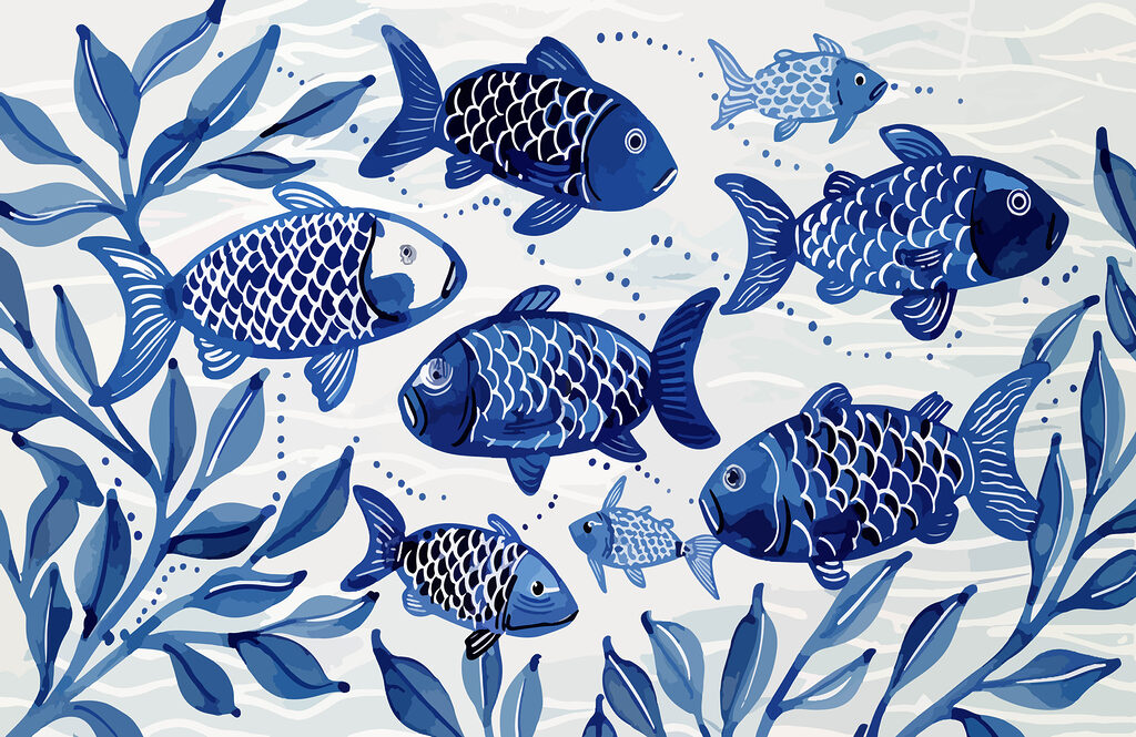 Blue fish among leaves — full design