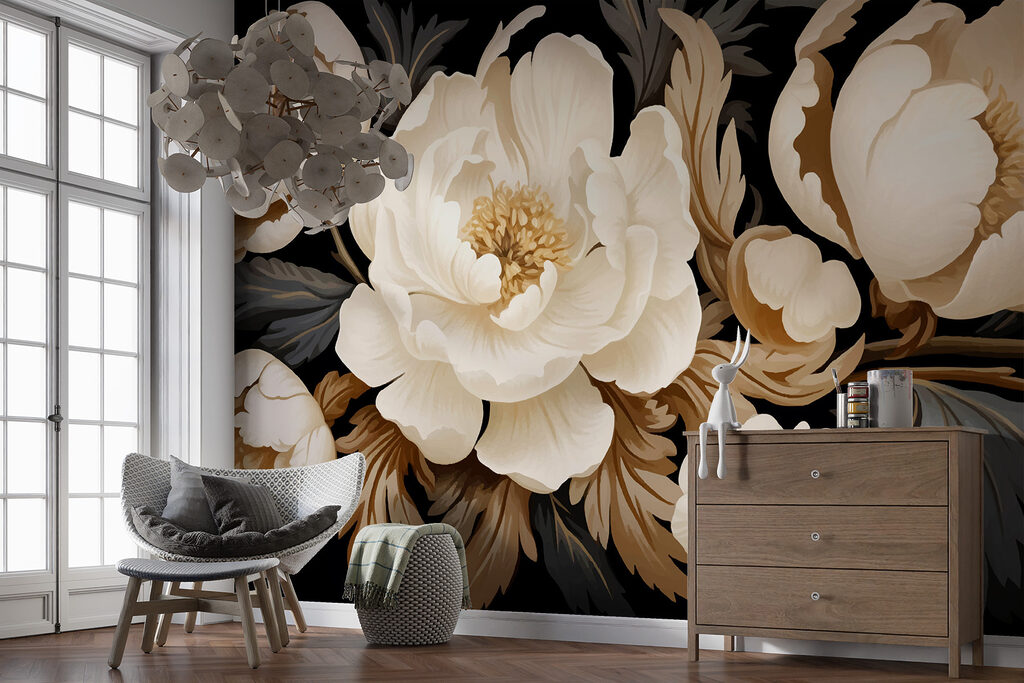 Cream peonies on black — interior 2