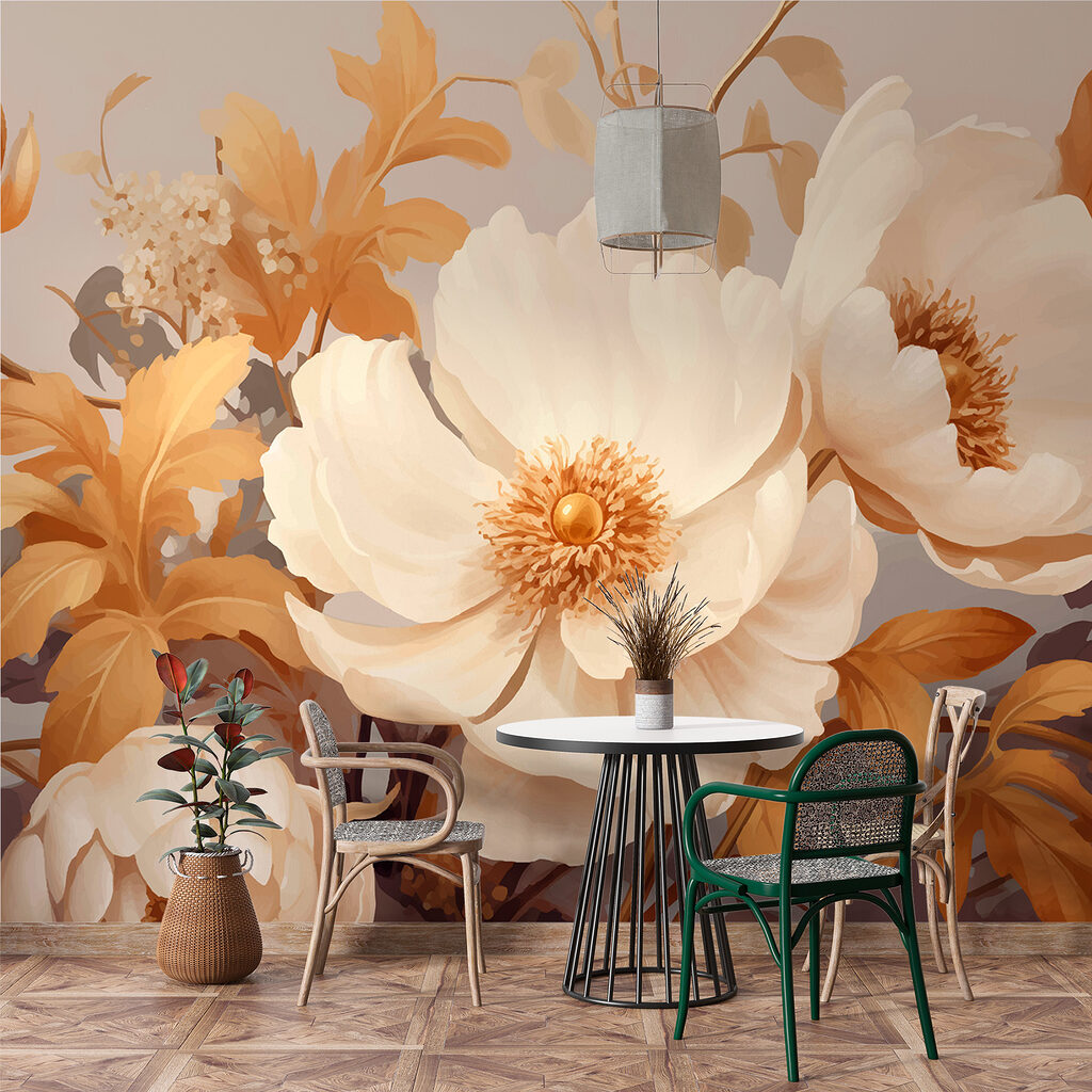 Flowers among ochre leaves — interior 1