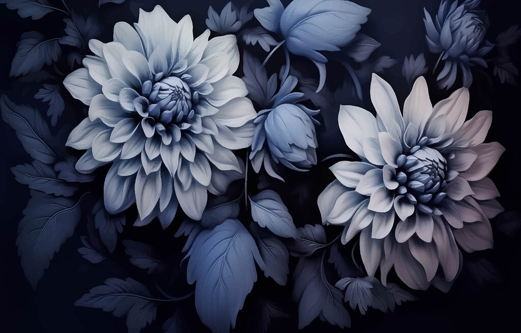 Dahlias on midnight blue — full design