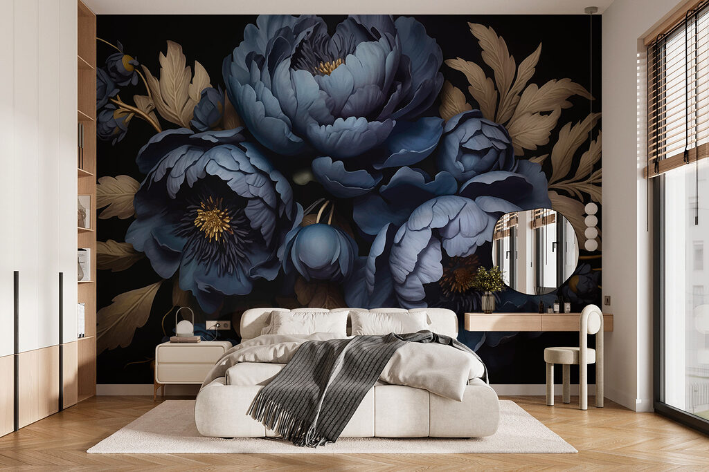 Blue peonies, golden leaves — interior 1