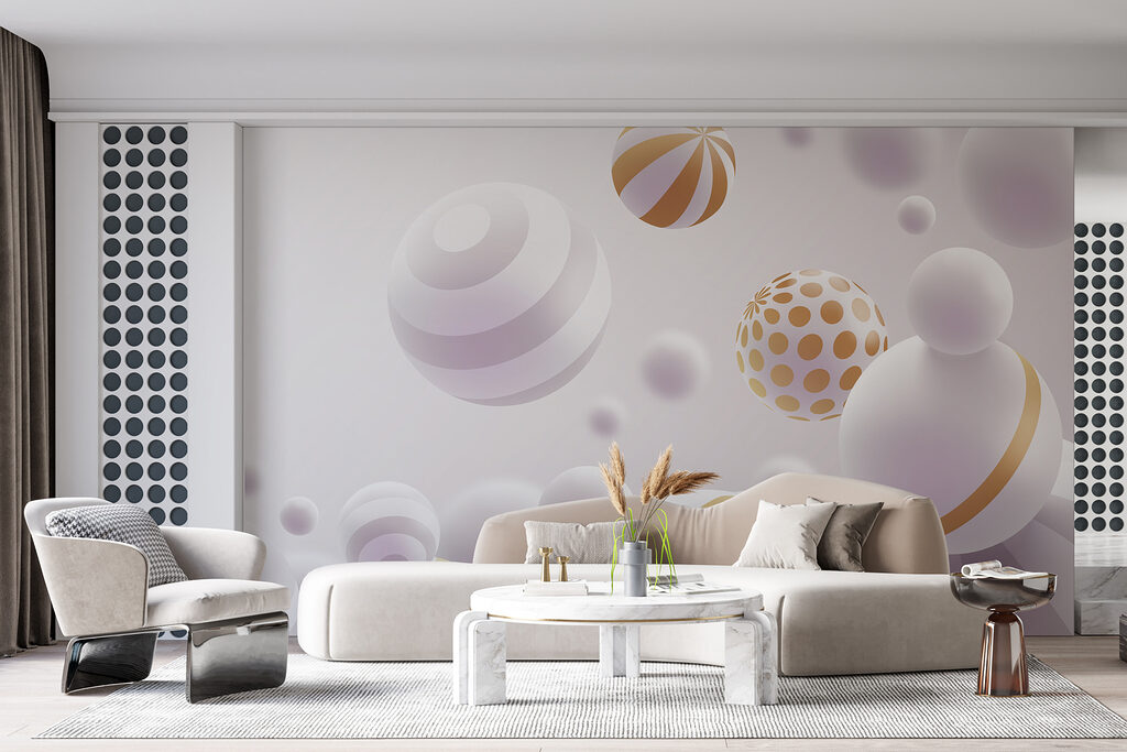 Gold-striped white spheres — interior 1