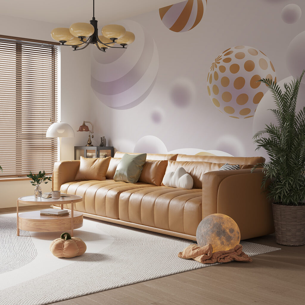 Gold-striped white spheres — interior 2