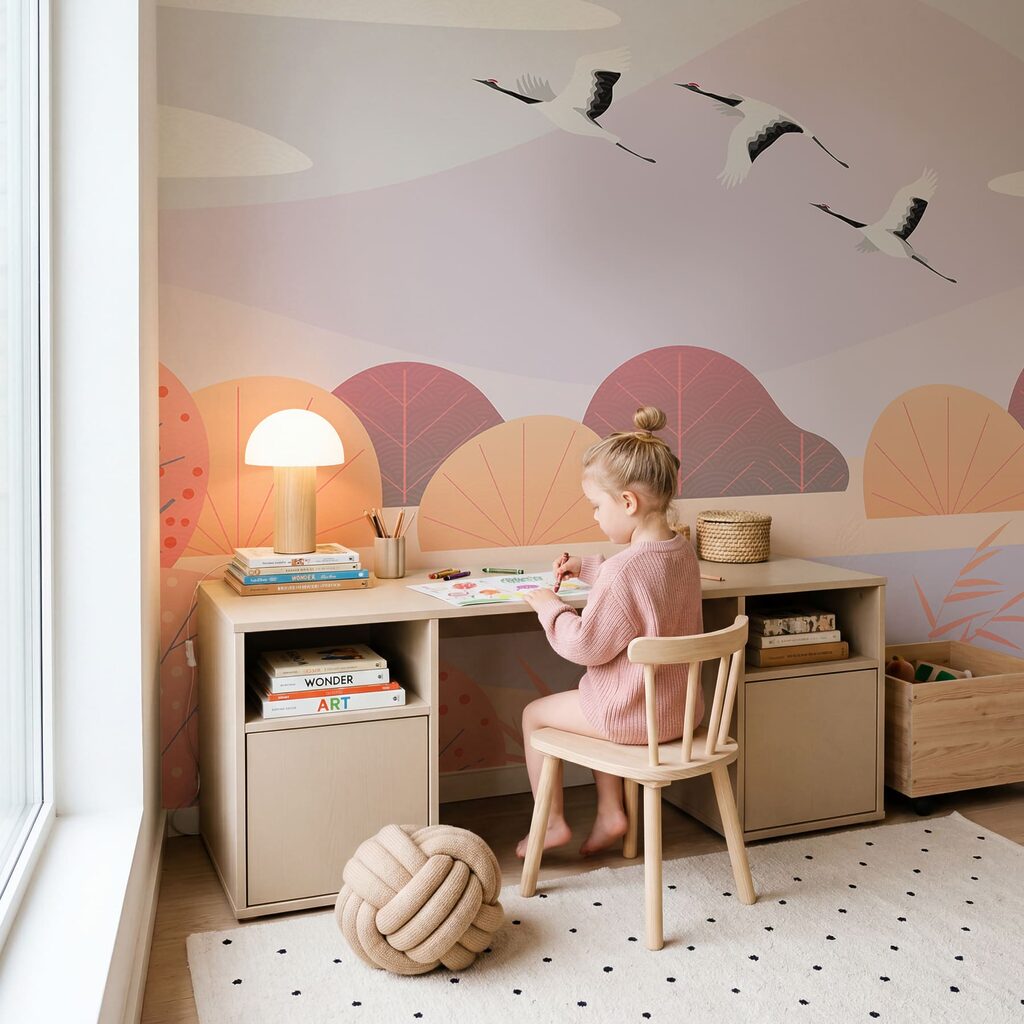 Cranes above pastel trees — interior 2