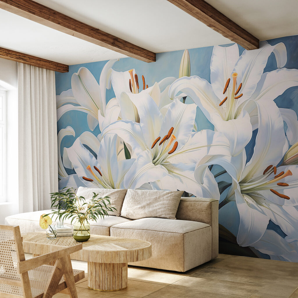 White lilies on blue — interior 1