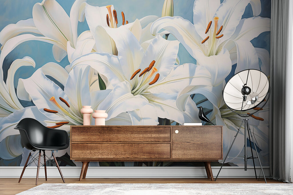 White lilies on blue — interior 2