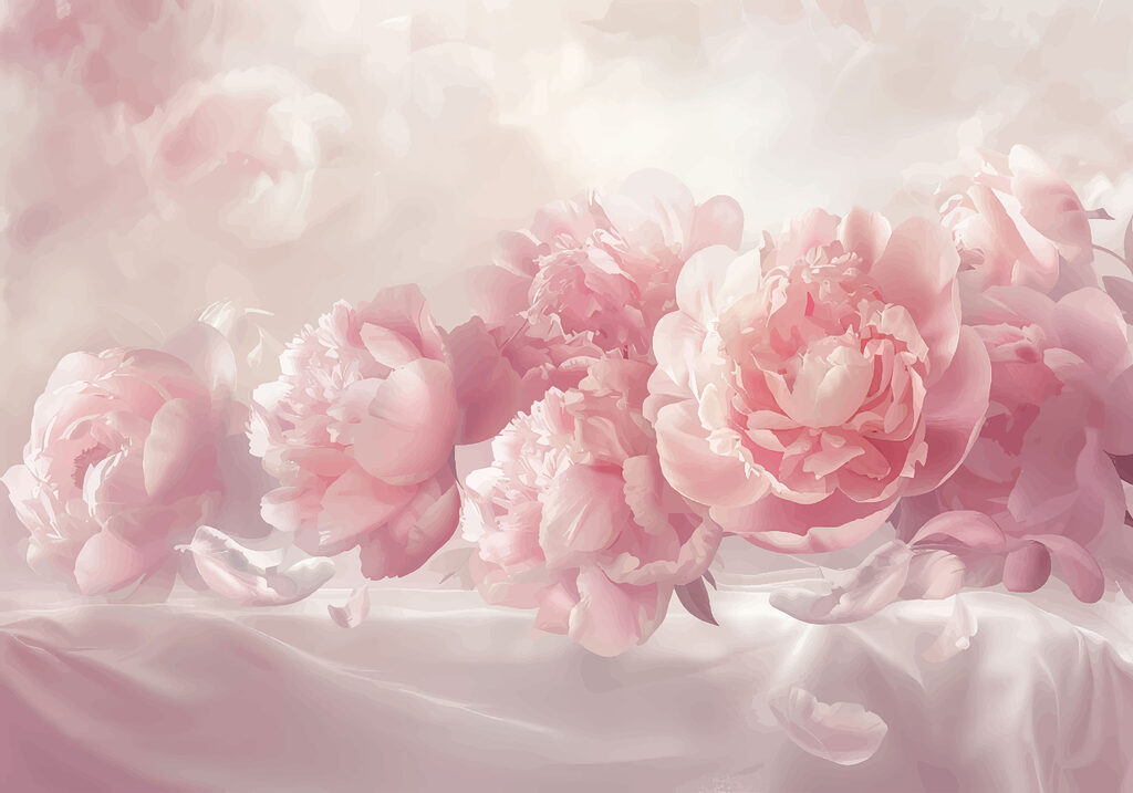 Pink blooms beneath clouds — full design