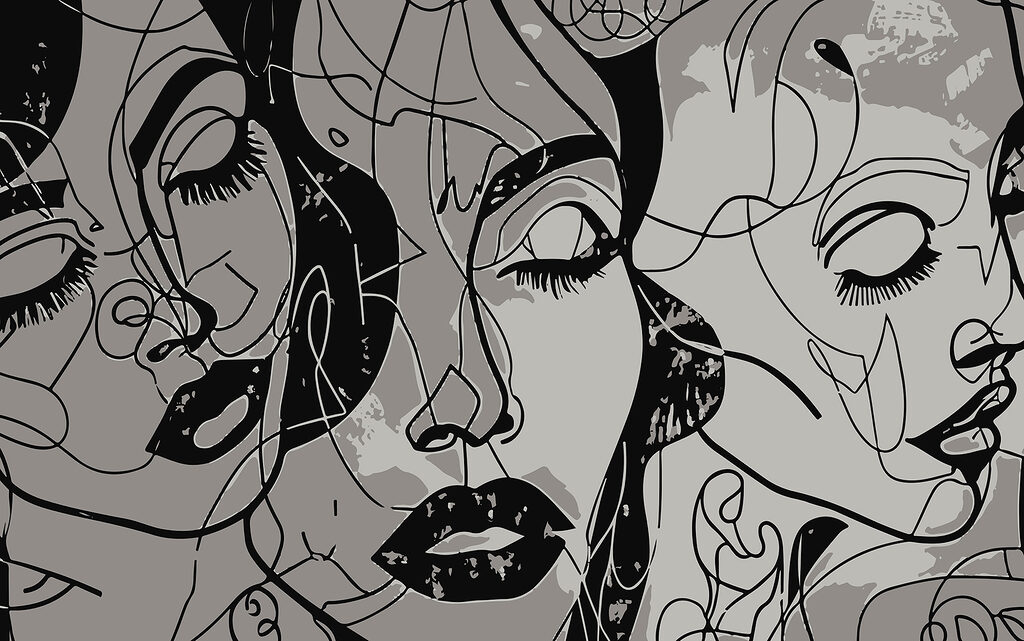 Faces in black scribbles — full design