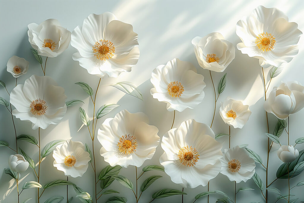 White flowers catch light — full design