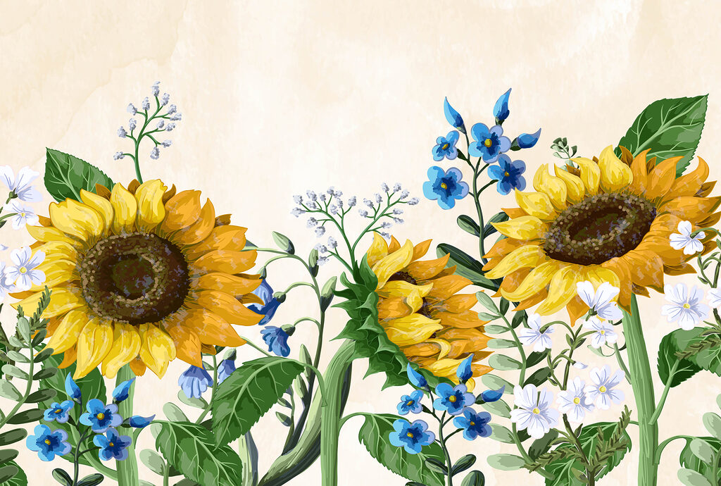 Sunflowers in fine watercolour — full design
