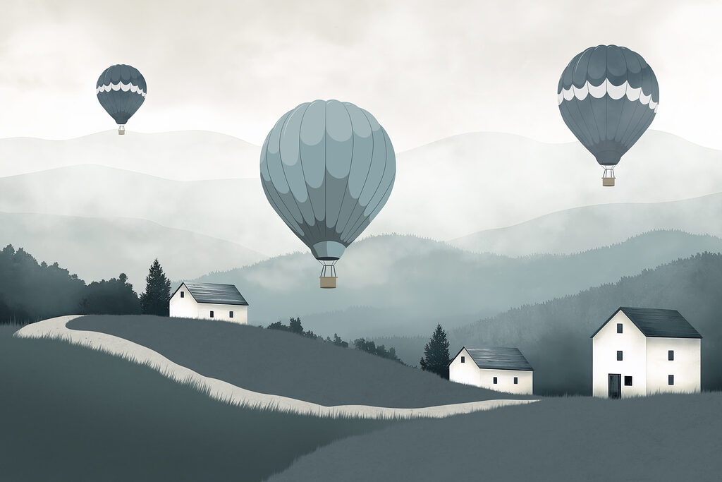 Balloons above hills — full design