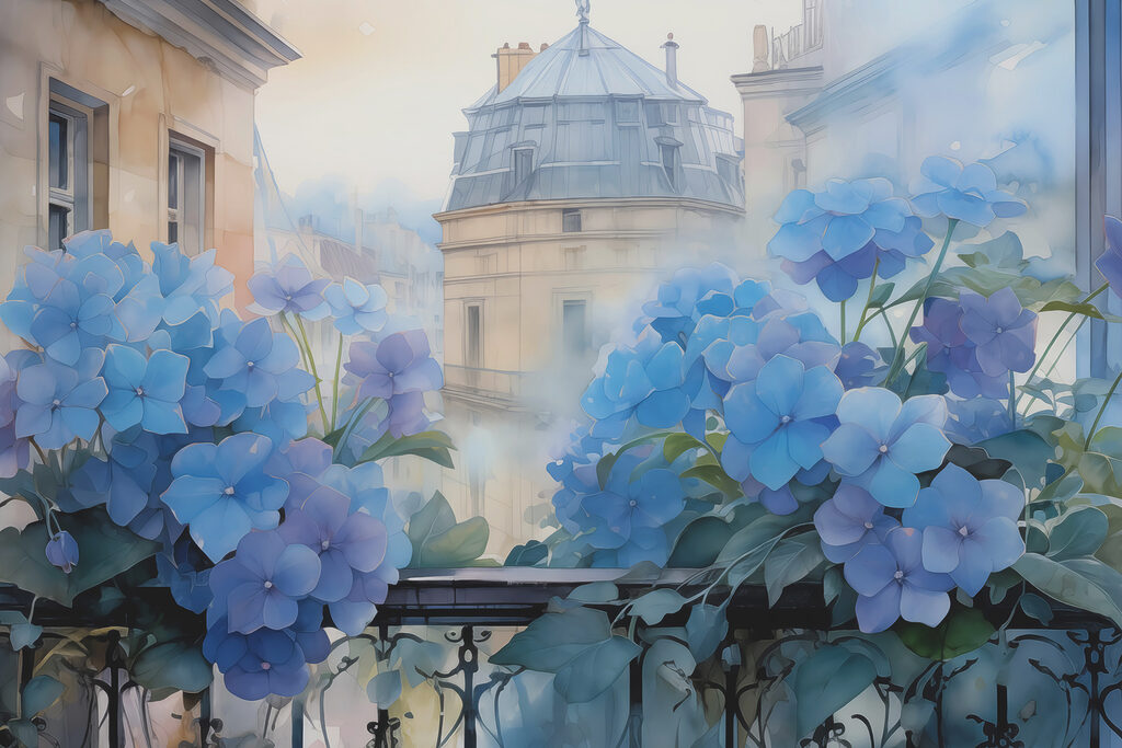 Hydrangeas over old facades — full design