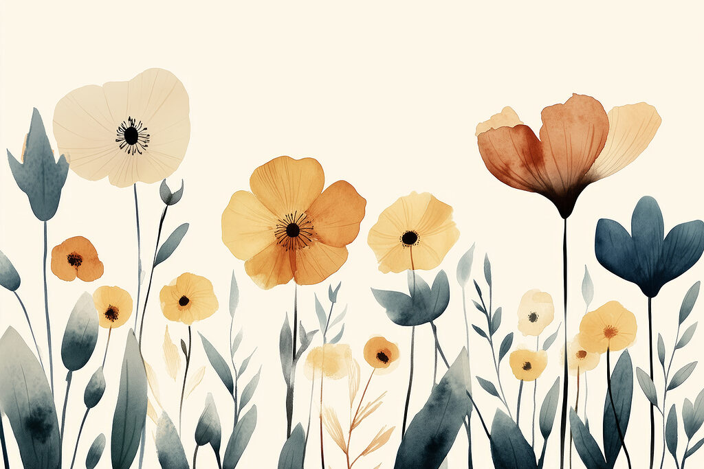 Ochre blooms, dark leaves — full design