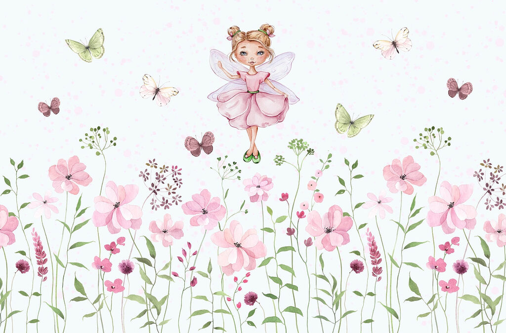 Fairy above pink wildflowers — full design