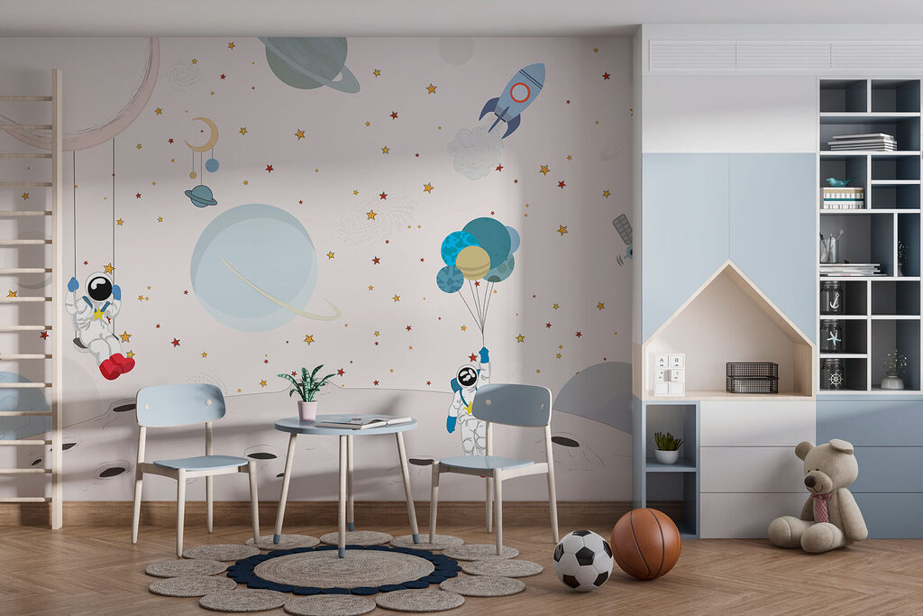 Astronauts among pastel shapes — interior 1