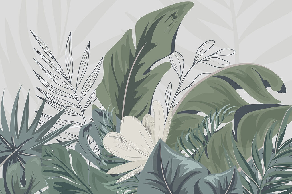 Tropical leaves, diagonal bands — full design