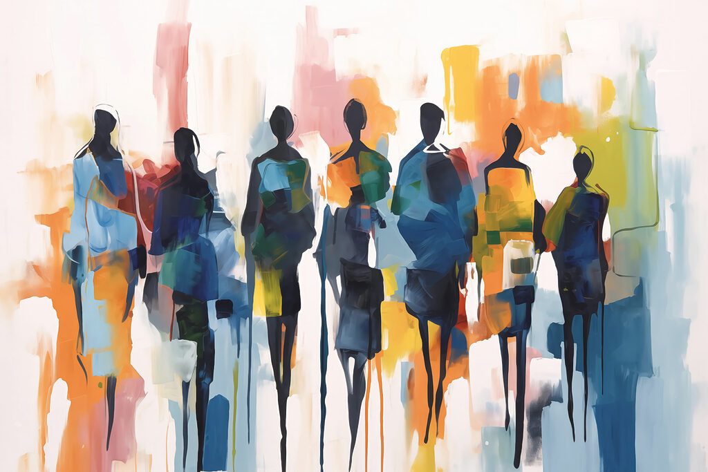People in colourful brushstrokes — full design
