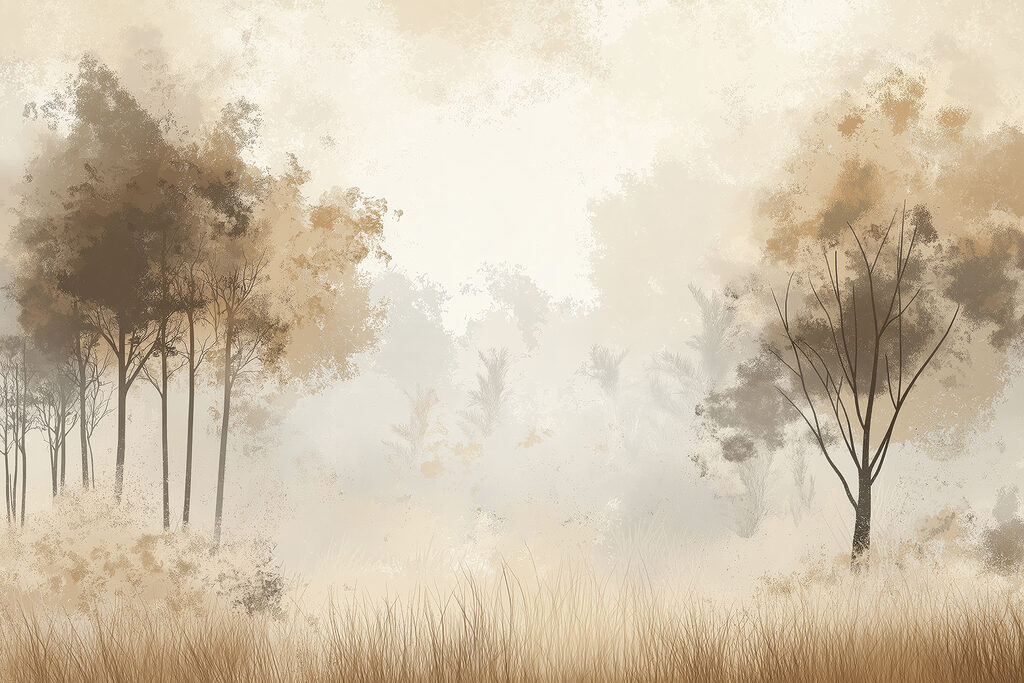 Misty meadow with trees — full design