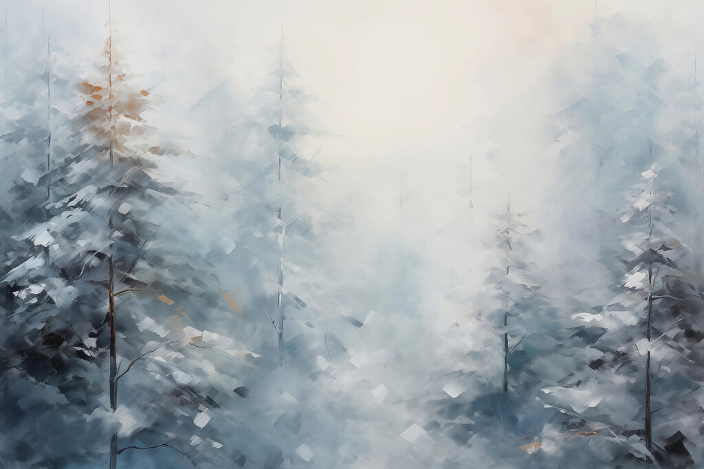 Pines in cold mist — full design