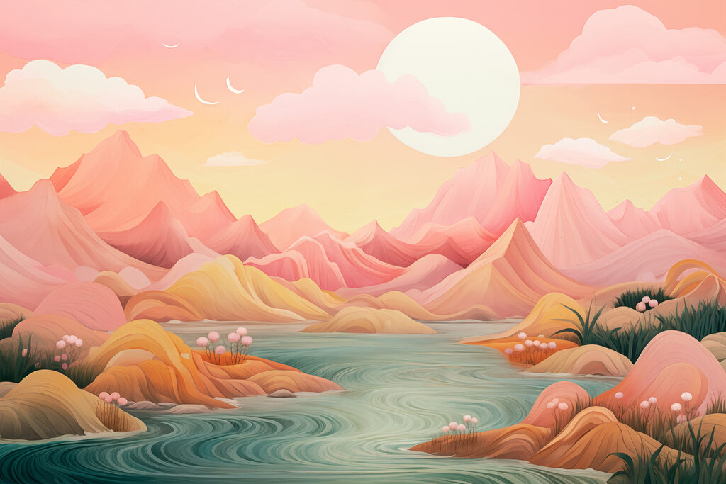 River between pink mountains — full design
