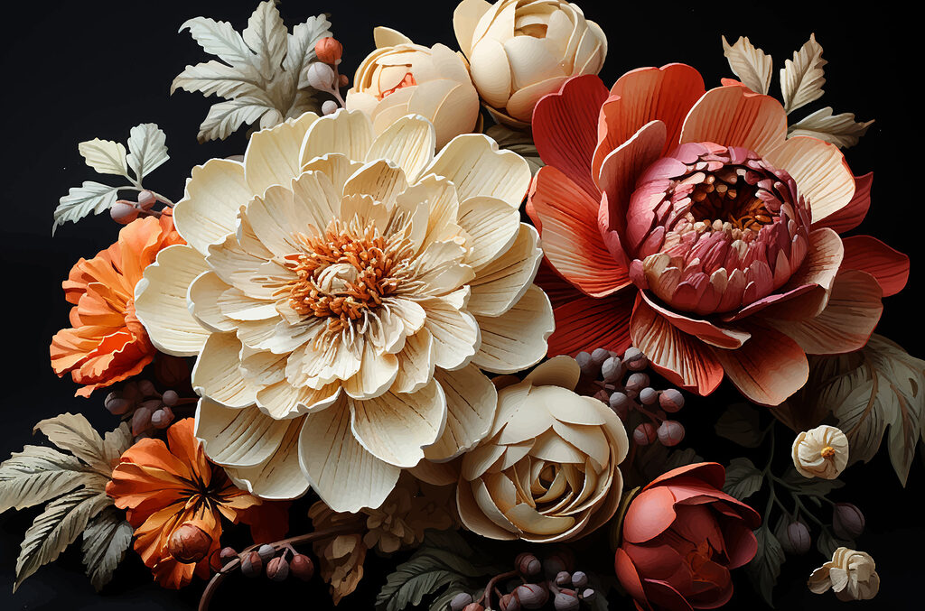 Warm flowers on black — full design