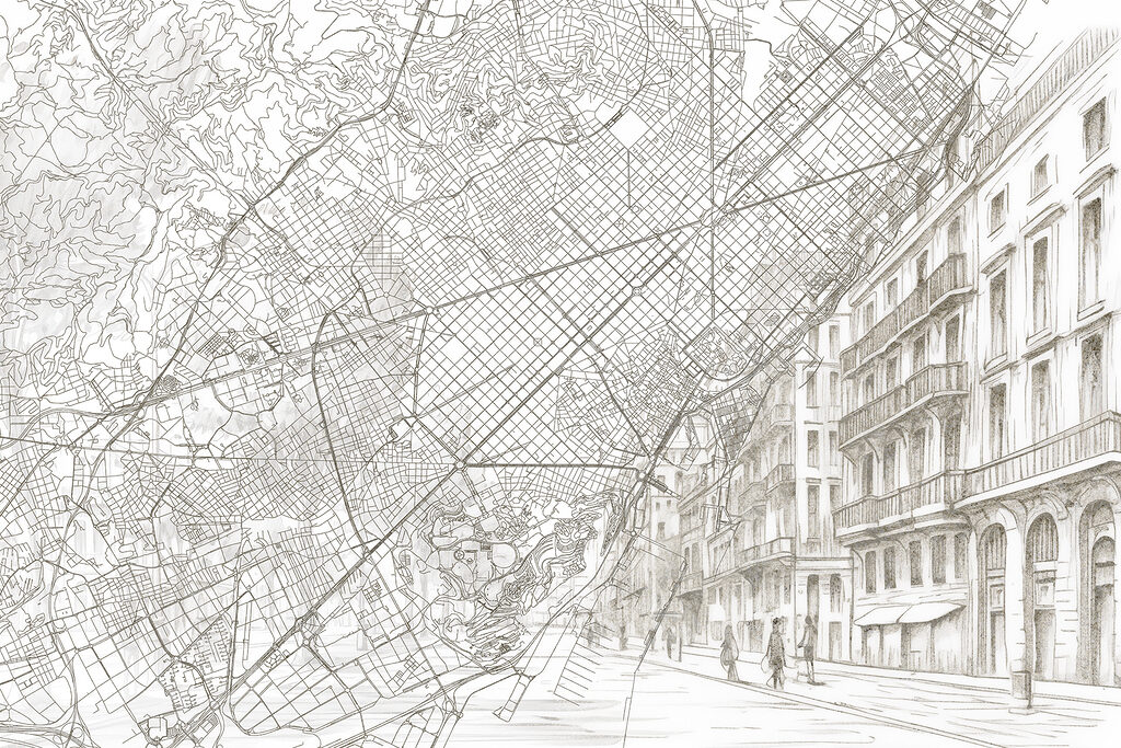 City map over facades — full design