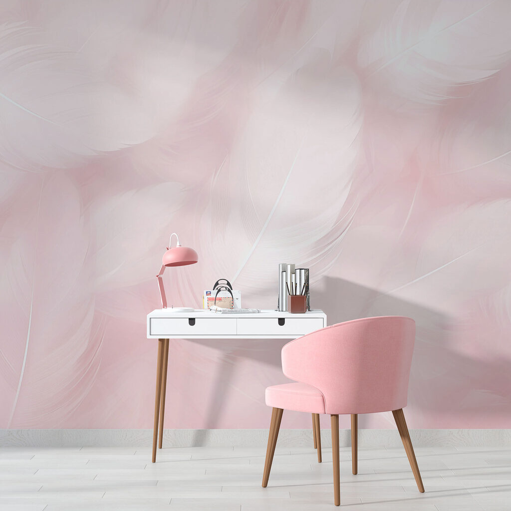 White feathers on pink — interior 2