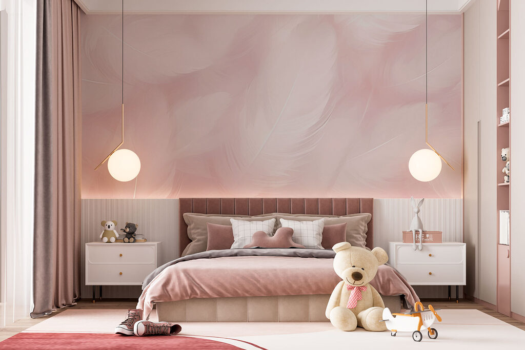 White feathers on pink — interior 3