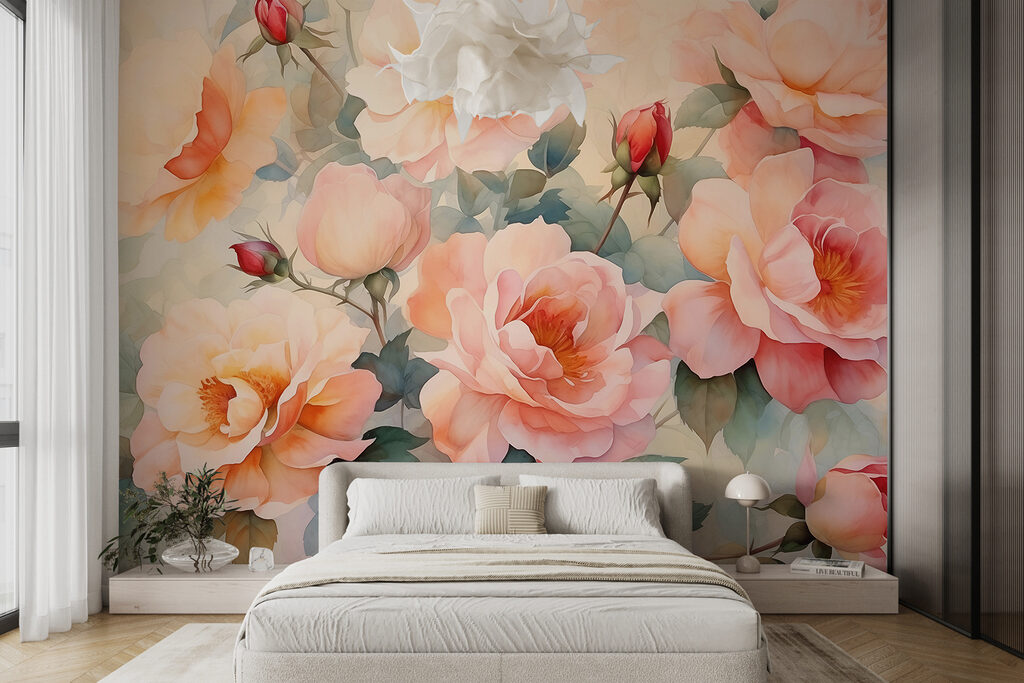 Peach roses, green leaves — interior 1