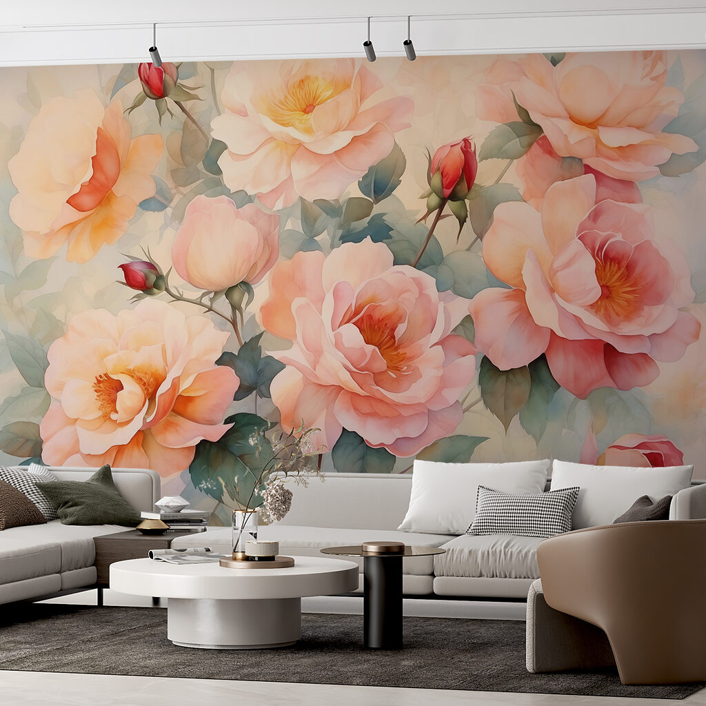 Peach roses, green leaves — interior 2