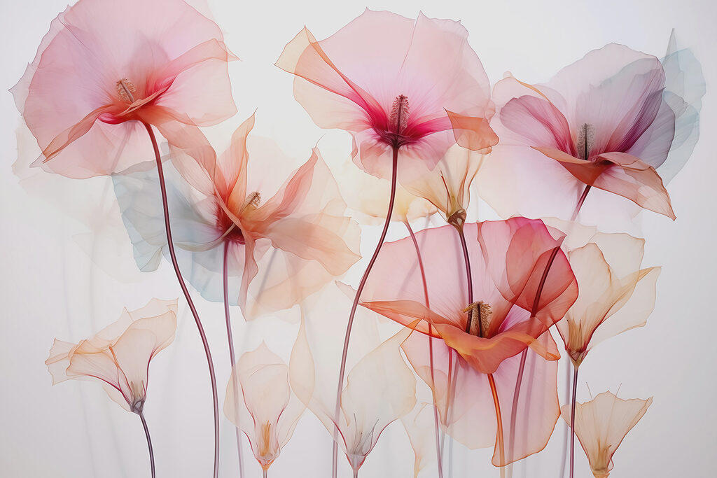 Pink blooms, thin stems — full design
