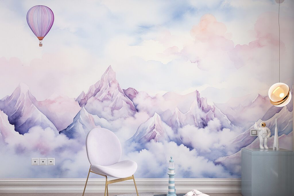 Lilac balloon above peaks — interior 2