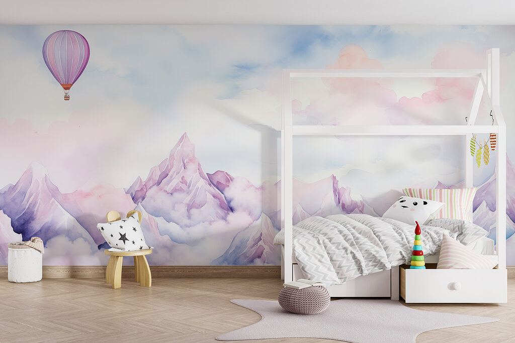 Lilac balloon above peaks — interior 5