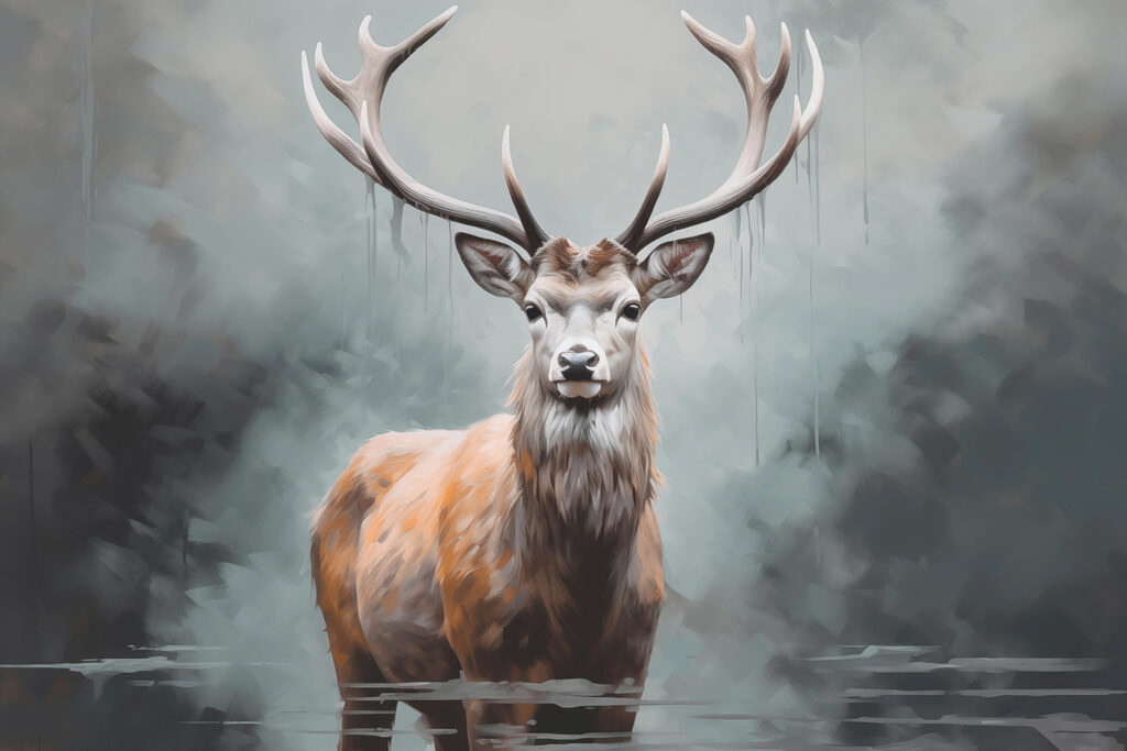 Stag in misty water — full design