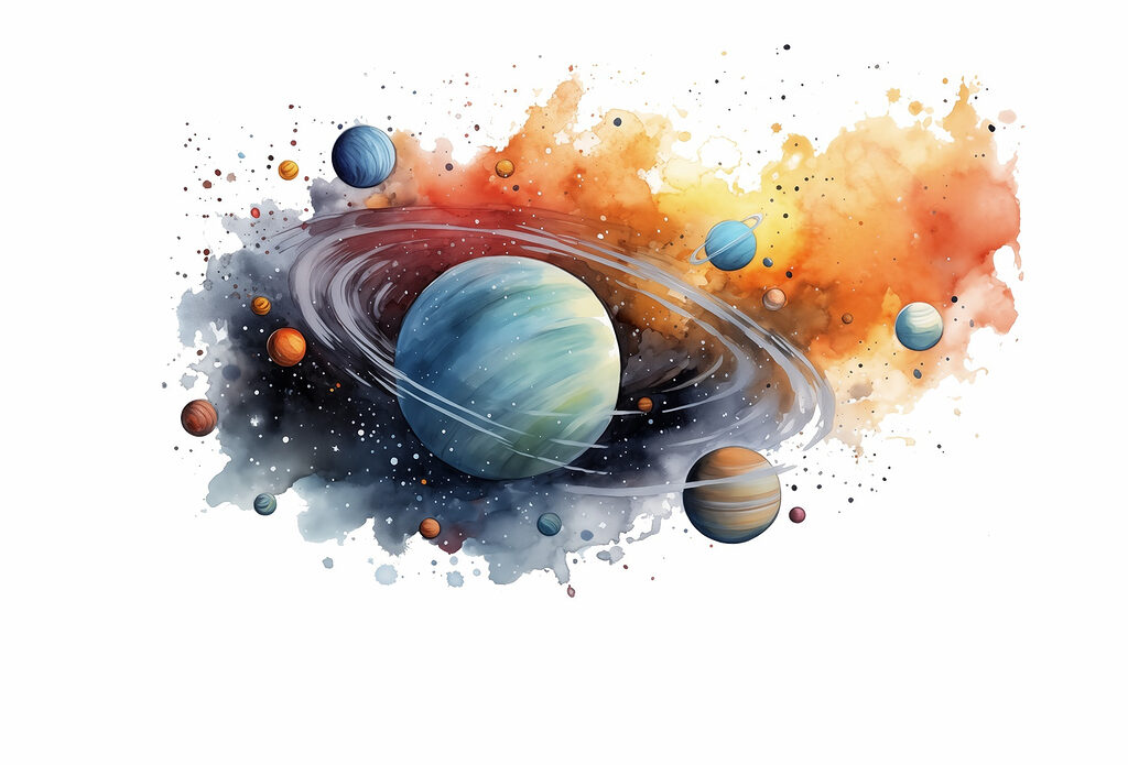 Ringed planet, colour splashes — full design