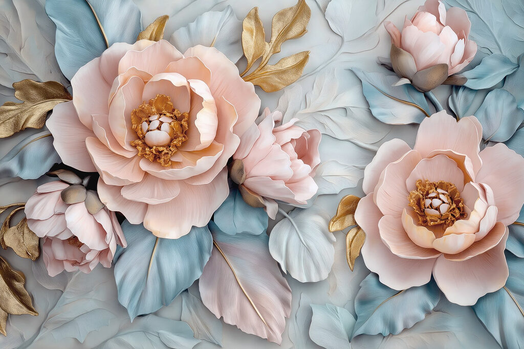 Pink flowers between leaves — full design