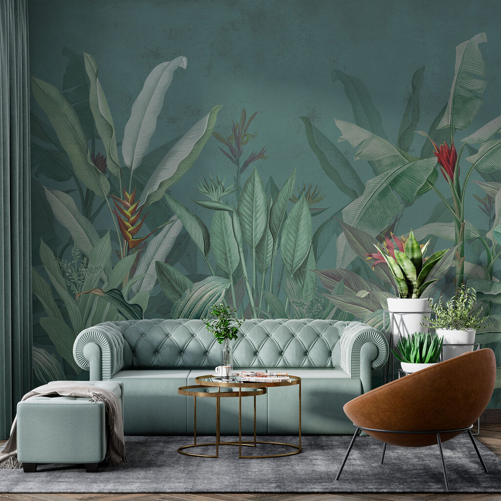 Birds in Tropical Leaves in an interior