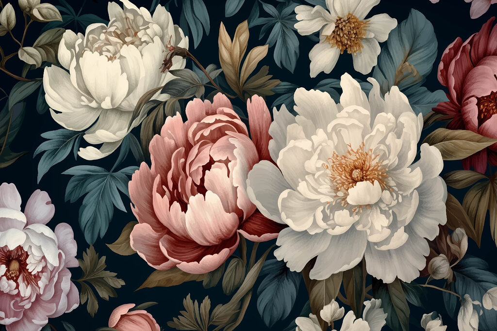 Peonies on Dark Foliage — full design