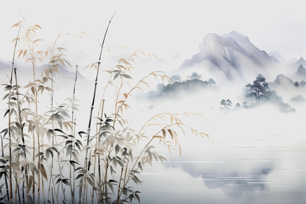 Bamboo before blue peaks — full design