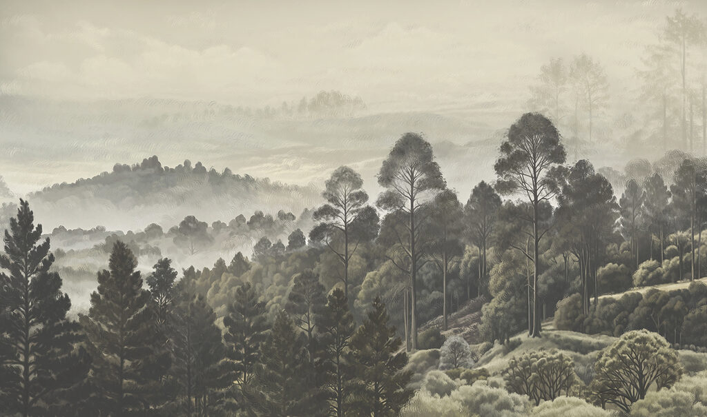 Wooded hills in mist — full design