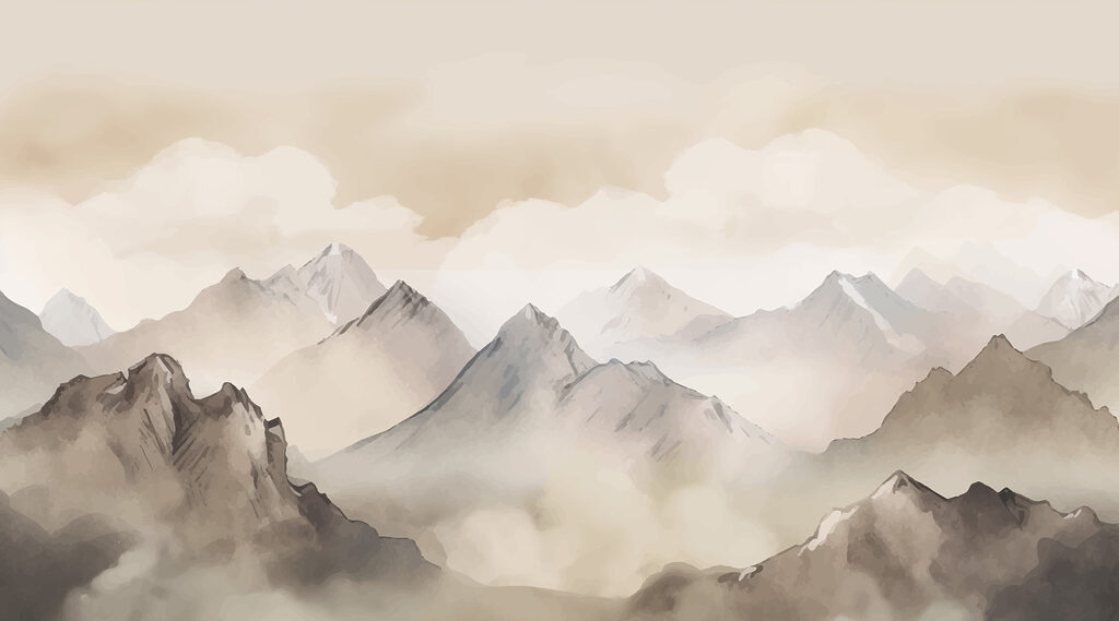 Peaks above warm mist — full design