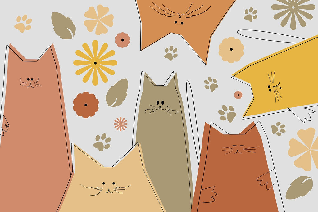Cats between small flowers — full design