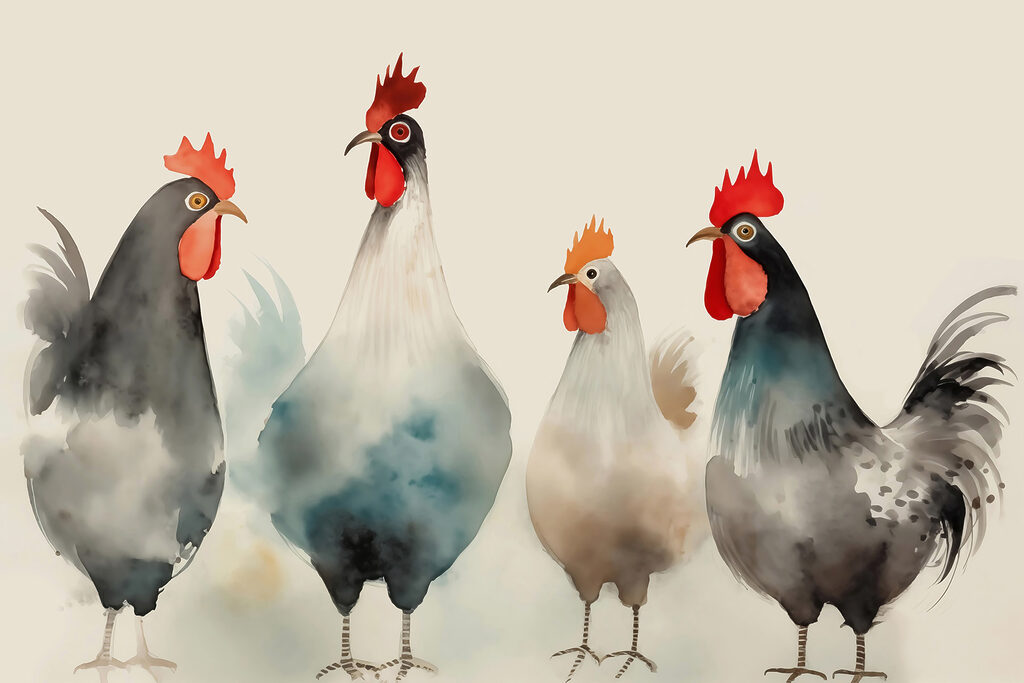 Hens in soft watercolour — full design