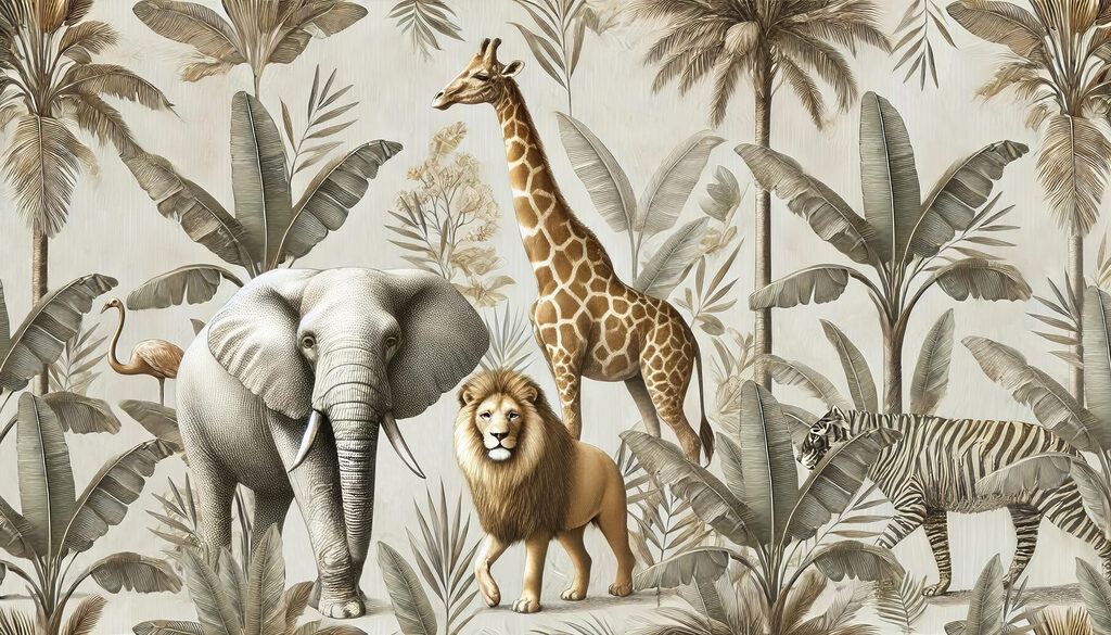 Animals beneath pale palms — full design