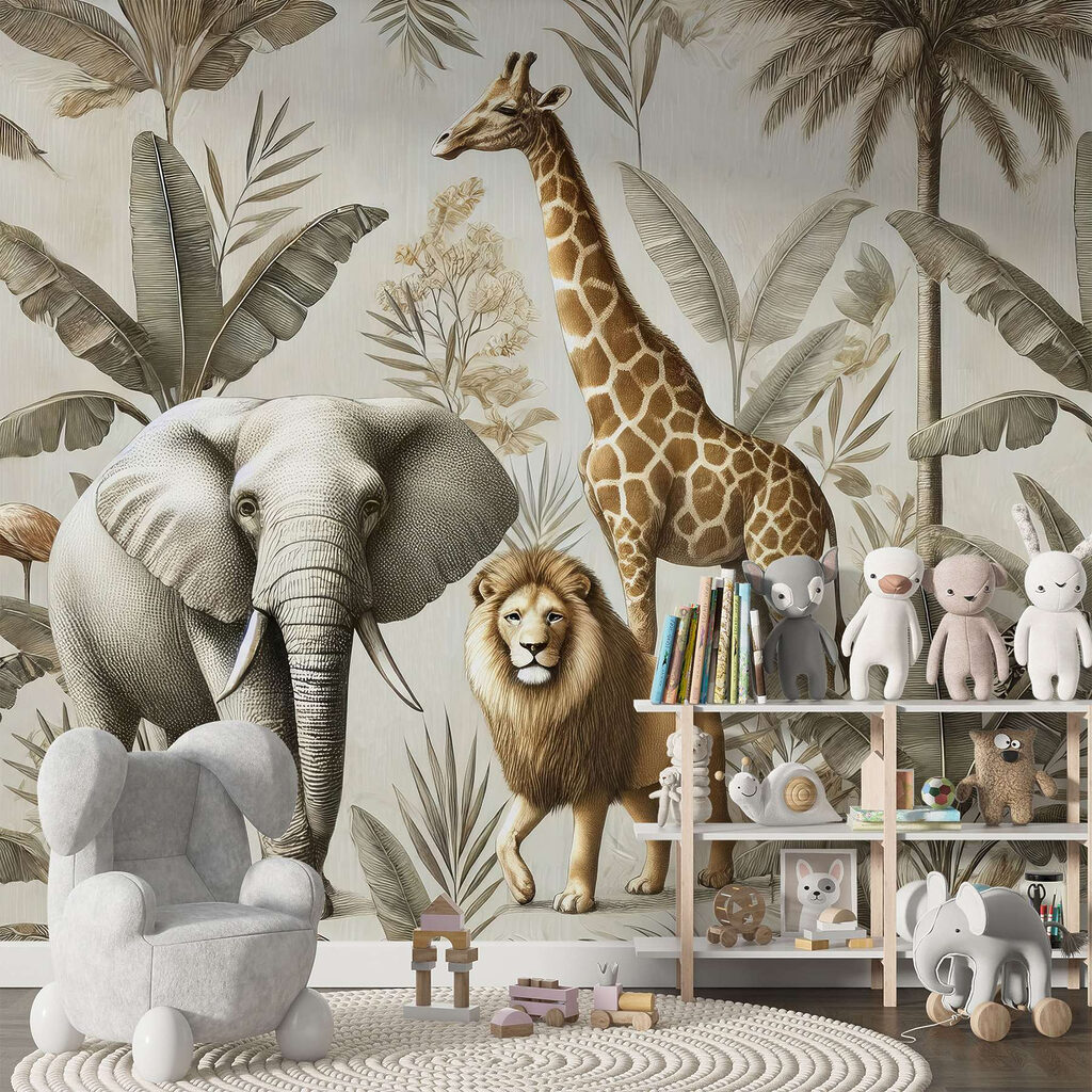 Animals beneath pale palms — interior 1