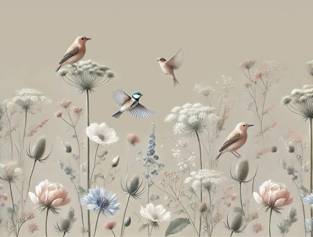 Small birds among wildflowers — full design