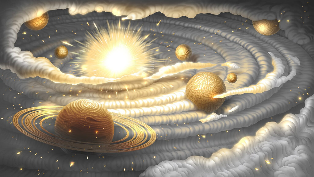 Golden planets in clouds — full design