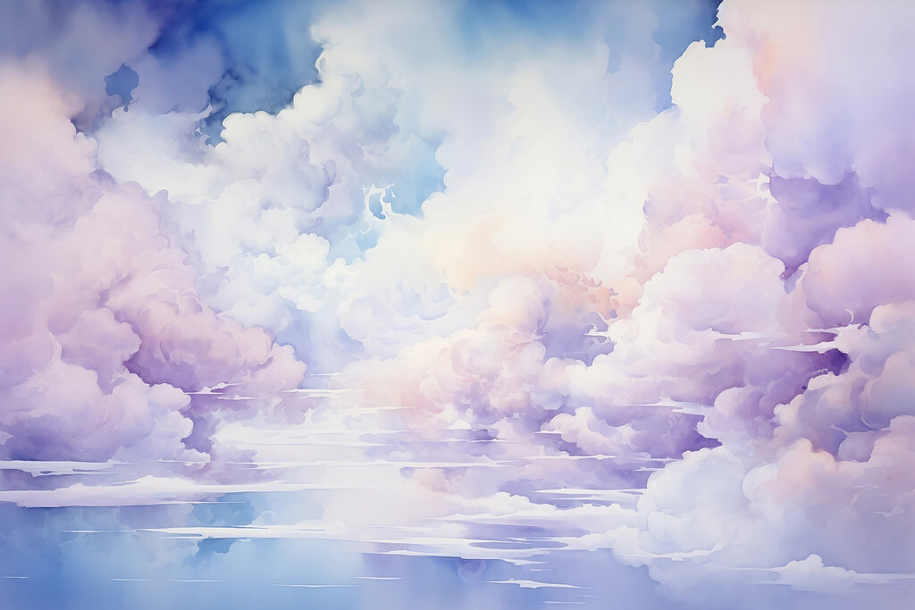 Lilac clouds over water — full design