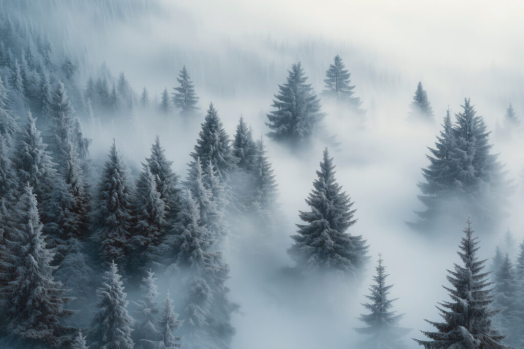 Pines rising from mist — full design